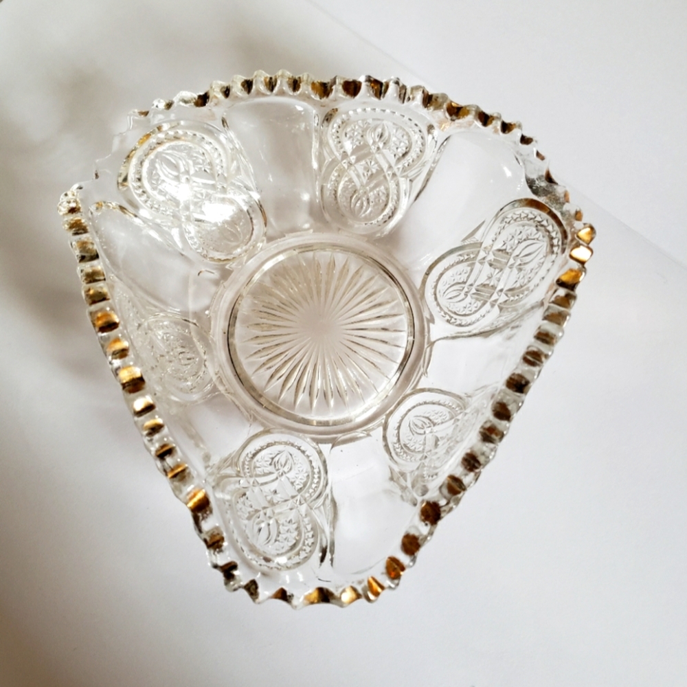 Vintage Elegant Cut Glass Candy Nut Bowl w/ Gold Sawtooth Trimming